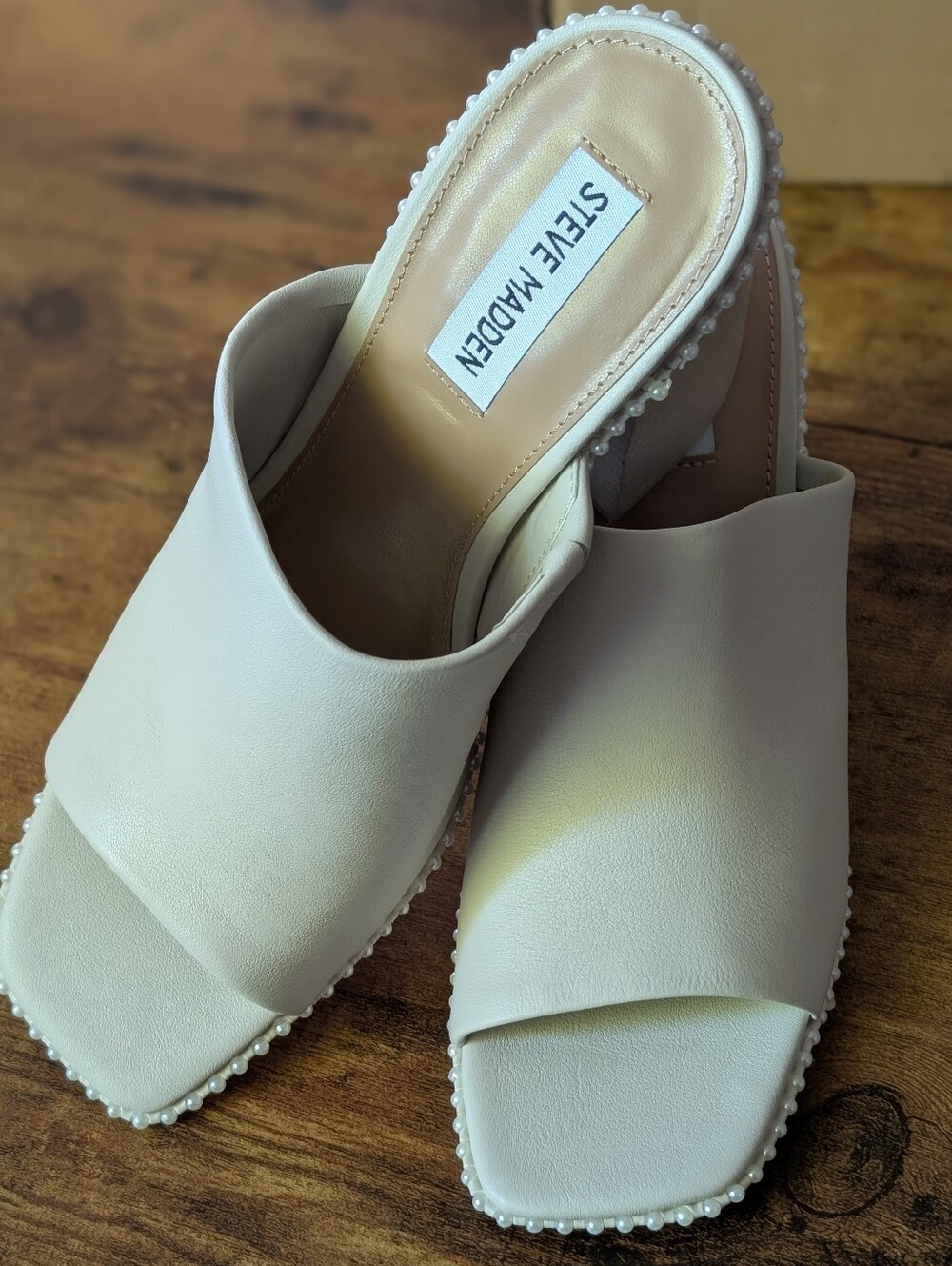 Steve Madden White Pearl-Trim Block Heel Mules